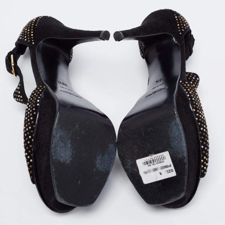 Pre Owned Saint Laurent Paris Black Studded Suede T-Strap Peep Toe Platform Sandals Size 38.5
