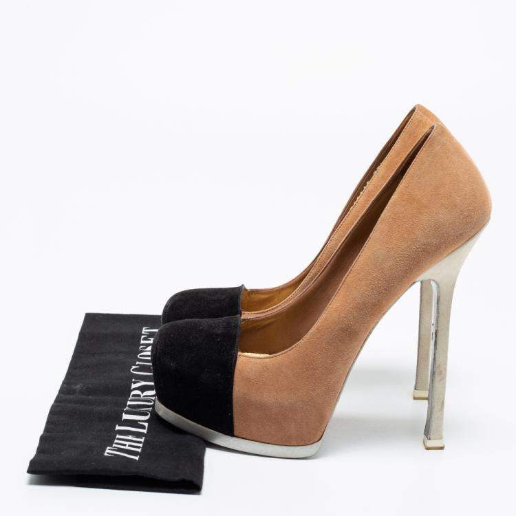 Pre Owned Saint Laurent Paris Tow Tone Suede Tribtoo Platform Pumps Size 37.5