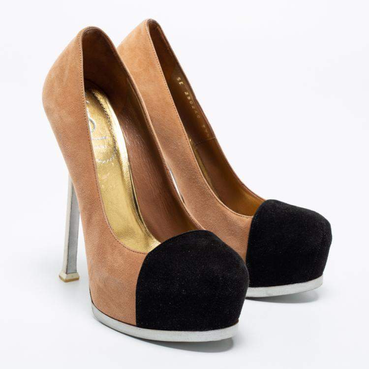 Pre Owned Saint Laurent Paris Tow Tone Suede Tribtoo Platform Pumps Size 37.5