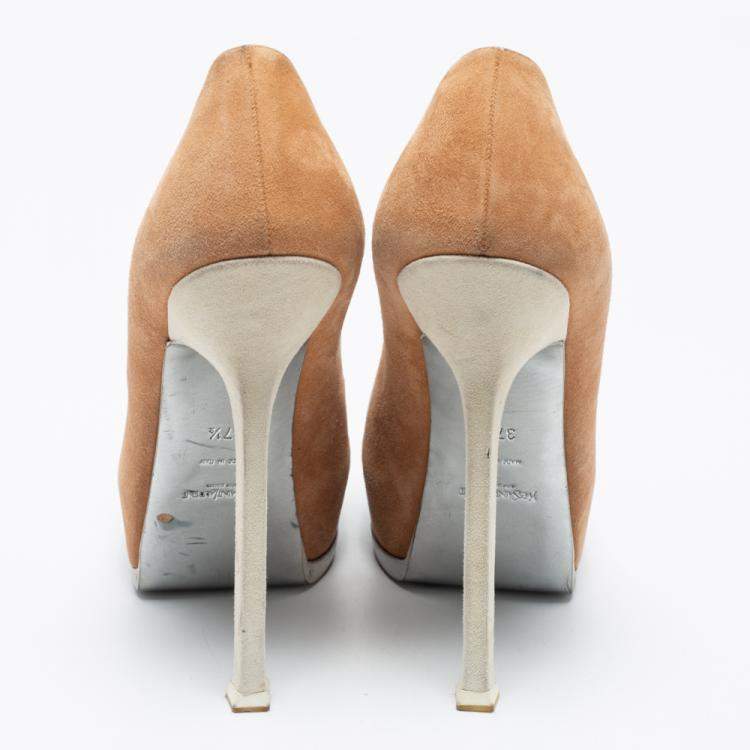 Pre Owned Saint Laurent Paris Tow Tone Suede Tribtoo Platform Pumps Size 37.5