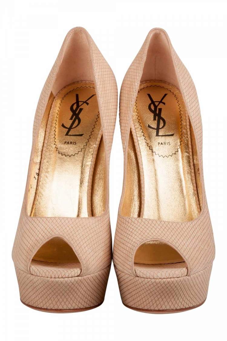 Pre Owned Yves Saint Laurent Beige Textured Suede Palais Platform Peep Toe Pumps Size 36.5