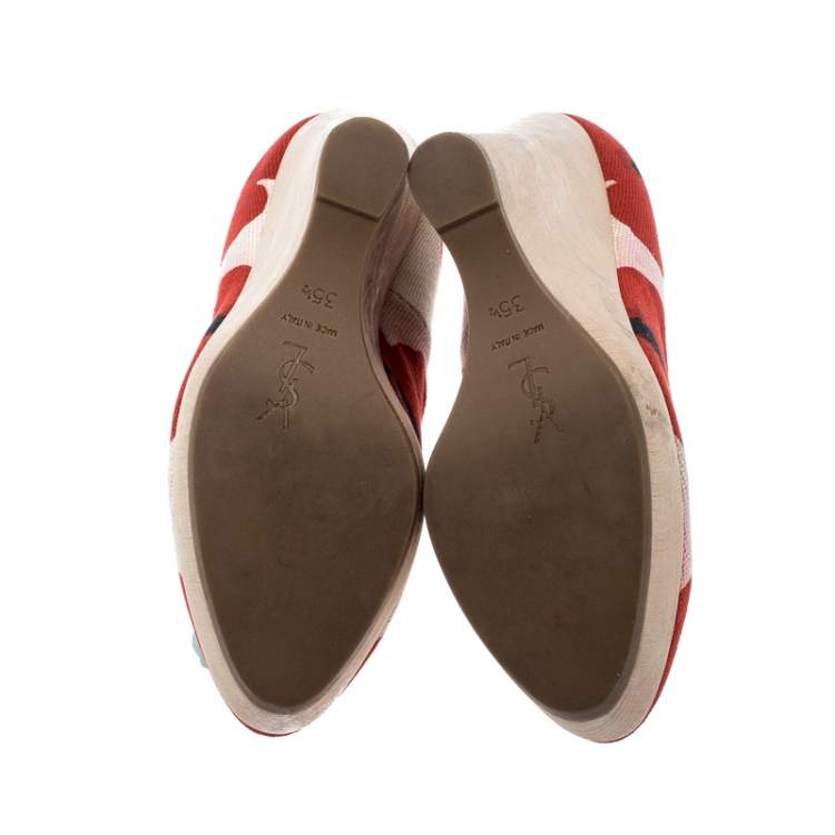 Pre Owned Saint Laurent Paris Red And White Printed Canvas Wedge Platform Pumps Size 35.5
