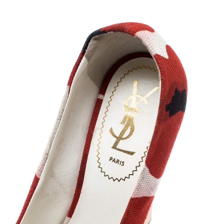 Pre Owned Saint Laurent Paris Red And White Printed Canvas Wedge Platform Pumps Size 35.5