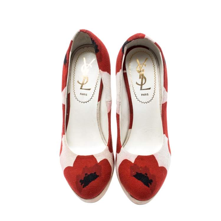 Pre Owned Saint Laurent Paris Red And White Printed Canvas Wedge Platform Pumps Size 35.5