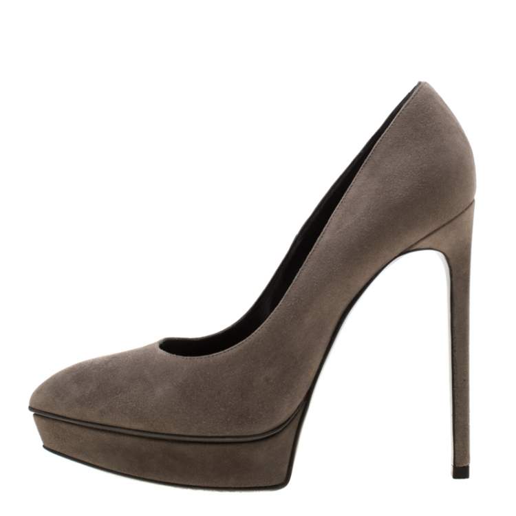 Pre Owned Saint Laurent Paris Grey Leather Platform Pumps 38
