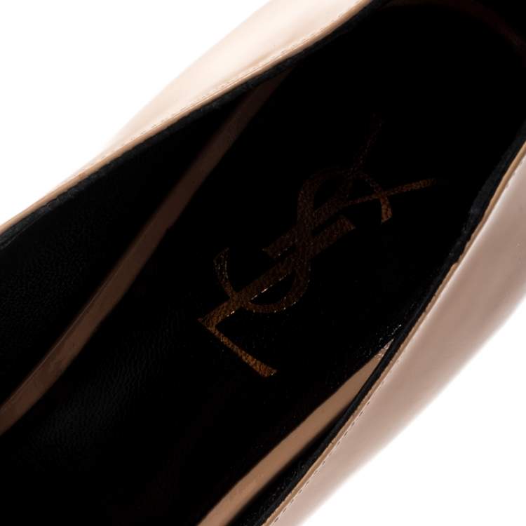 Pre Owned Saint Laiurent Paris Beige Patent Leather Tribtoo Platform Pumps Size 38.5