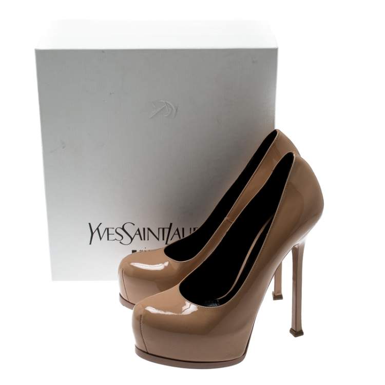 Pre Owned Saint Laiurent Paris Beige Patent Leather Tribtoo Platform Pumps Size 38.5