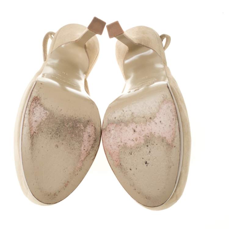 Pre Owned Saint Laurent Paris Cream Suede Slingback Platform Sandals Size 35