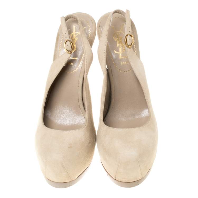 Pre Owned Saint Laurent Paris Cream Suede Slingback Platform Sandals Size 35