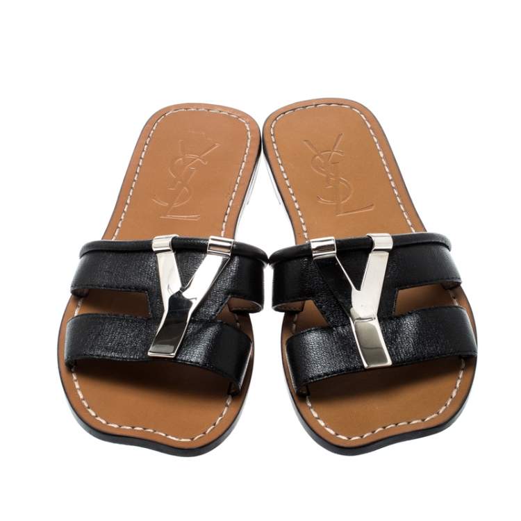 Pre Owned Saint Laurent Paris Black Leather Ycon Flats Size 35