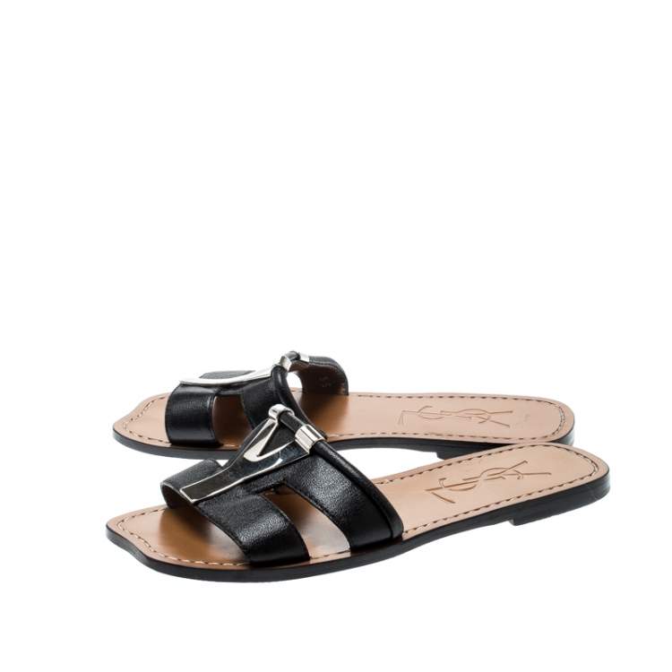 Pre Owned Saint Laurent Paris Black Leather Ycon Flats Size 35