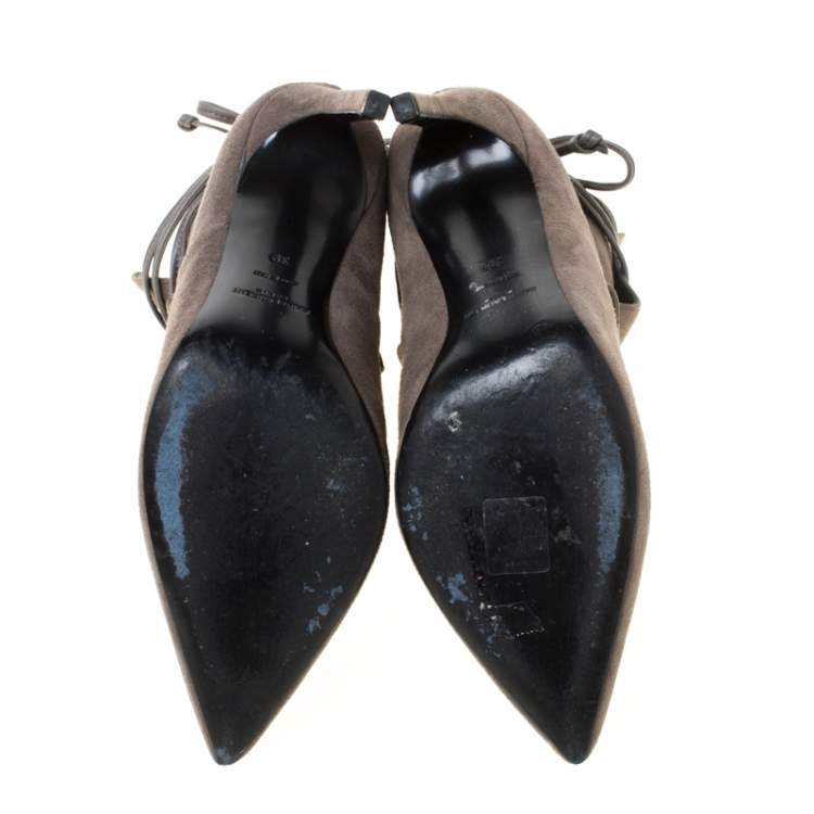 Pre Owned Saint Laurent Paris Grey Suede Pointed Toe Wrap Ankle Boots Size 39