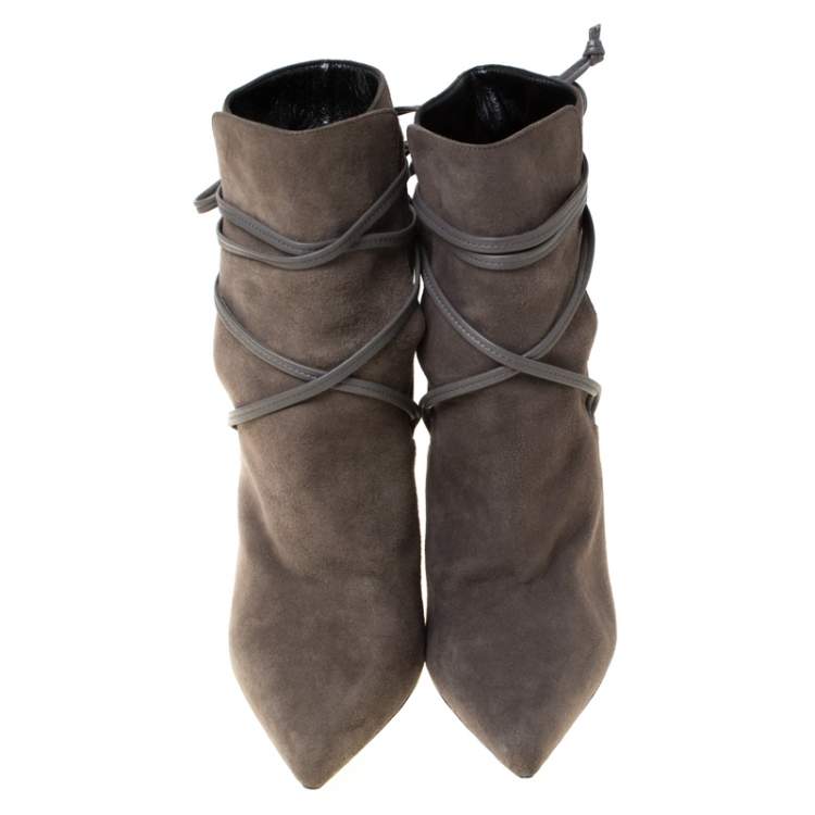 Pre Owned Saint Laurent Paris Grey Suede Pointed Toe Wrap Ankle Boots Size 39