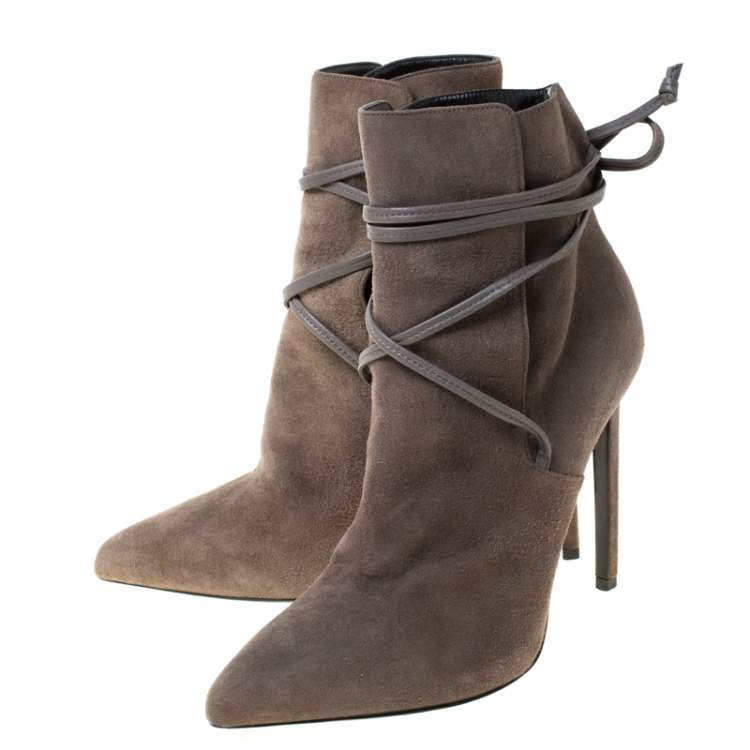 Pre Owned Saint Laurent Paris Grey Suede Pointed Toe Wrap Ankle Boots Size 39