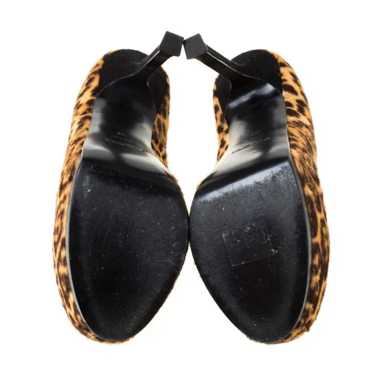 Pre Owned Saint Laurent Paris Brown Leopard Print Calf Hair Tribtoo Platform Pumps Size 37