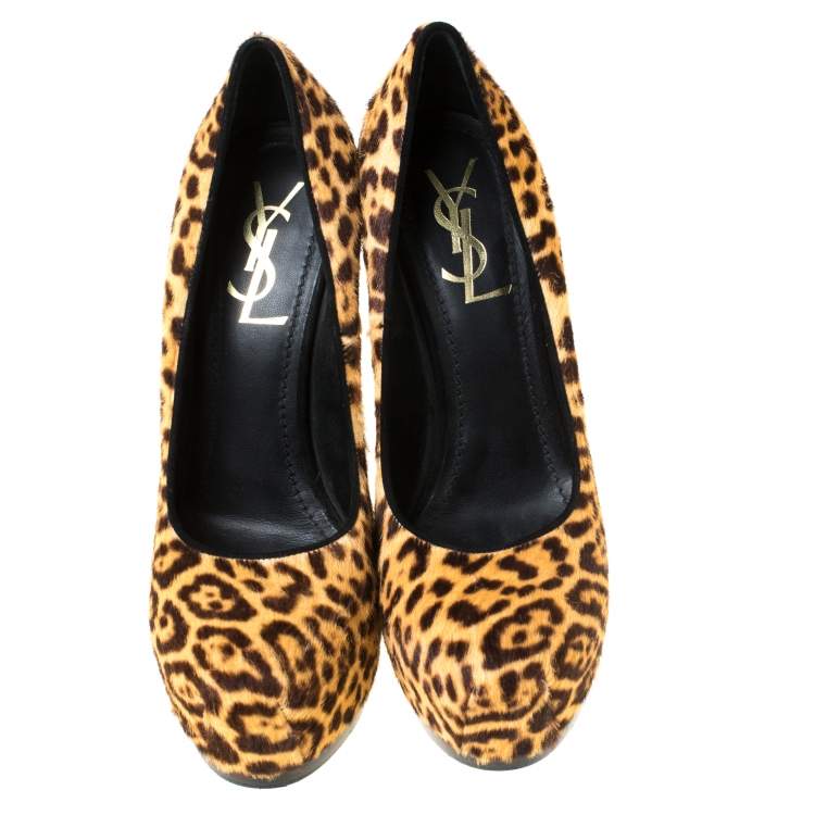 Pre Owned Saint Laurent Paris Brown Leopard Print Calf Hair Tribtoo Platform Pumps Size 37