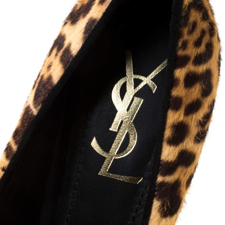 Pre Owned Saint Laurent Paris Brown Leopard Print Calf Hair Tribtoo Platform Pumps Size 37