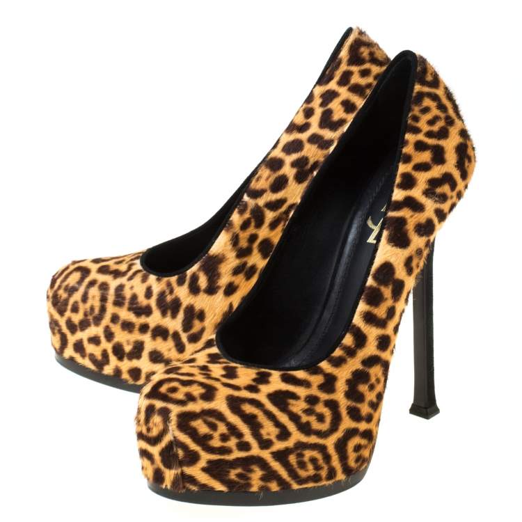 Pre Owned Saint Laurent Paris Brown Leopard Print Calf Hair Tribtoo Platform Pumps Size 37