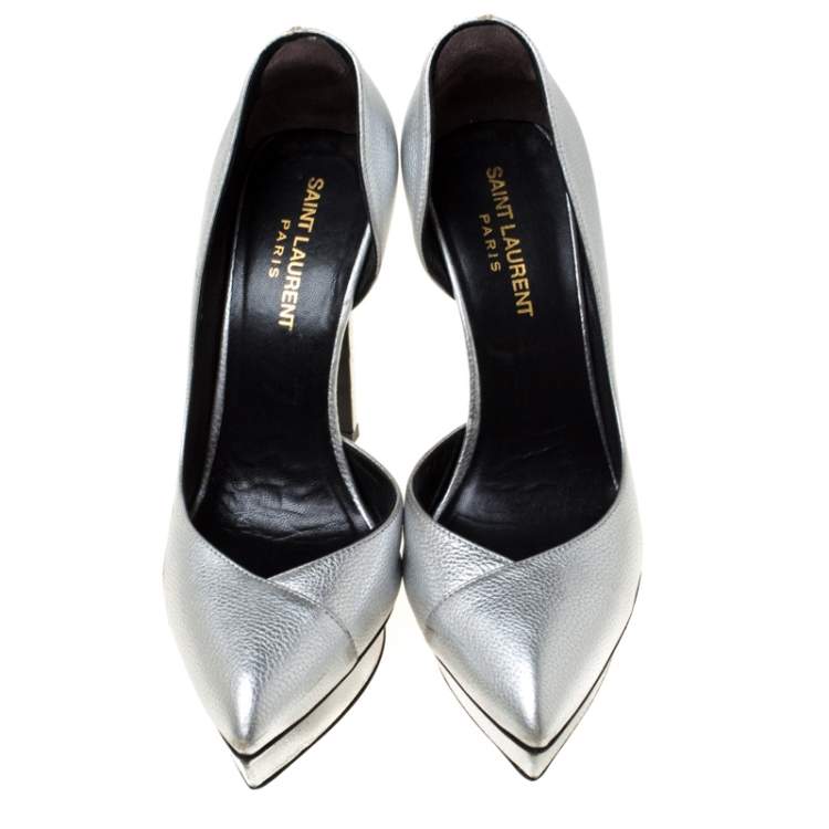 Pre Owned Saint Laurent Paris Silver Leather Janis 105 D'Orsay Pumps Size 37.5