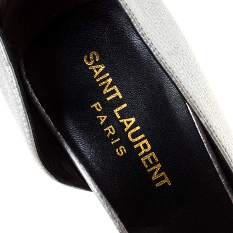 Pre Owned Saint Laurent Paris Silver Leather Janis 105 D'Orsay Pumps Size 37.5