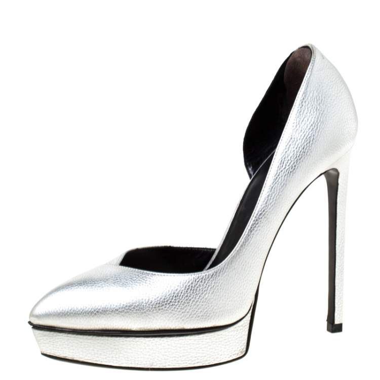 Pre Owned Saint Laurent Paris Silver Leather Janis 105 D'Orsay Pumps Size 37.5
