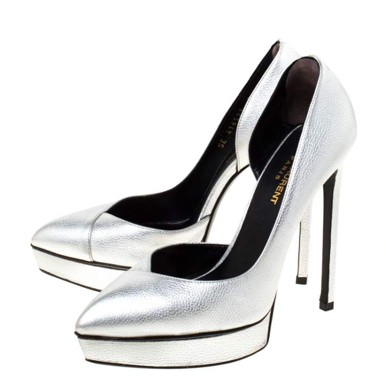 Pre Owned Saint Laurent Paris Silver Leather Janis 105 D'Orsay Pumps Size 37.5