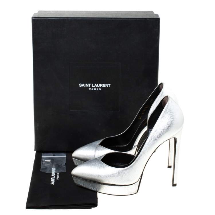 Pre Owned Saint Laurent Paris Silver Leather Janis 105 D'Orsay Pumps Size 37.5