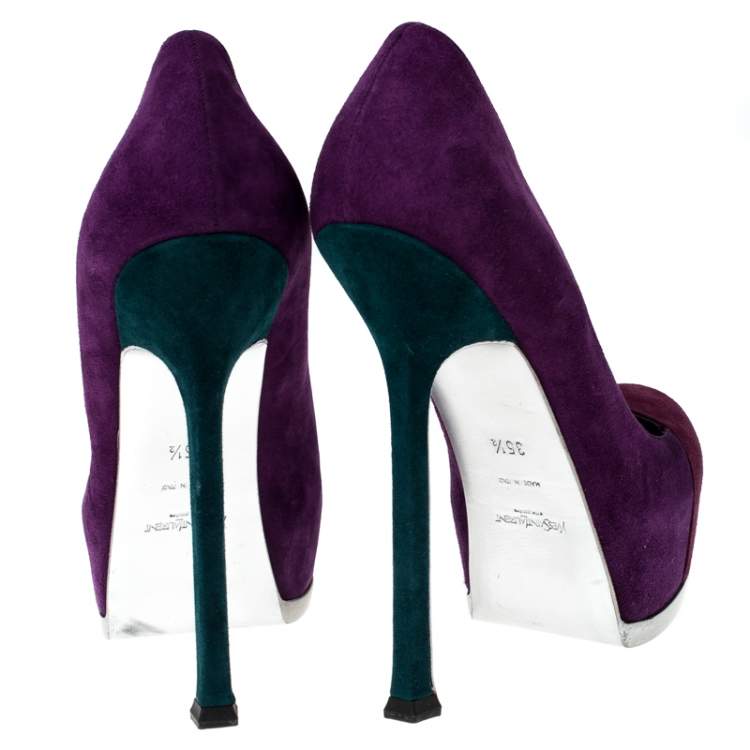 Pre Owned Saint Laurent Paris Two Tone Suede Leather Tribtoo Platform Pumps Size 35.5
