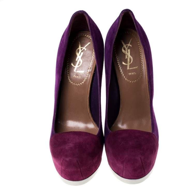 Pre Owned Saint Laurent Paris Two Tone Suede Leather Tribtoo Platform Pumps Size 35.5