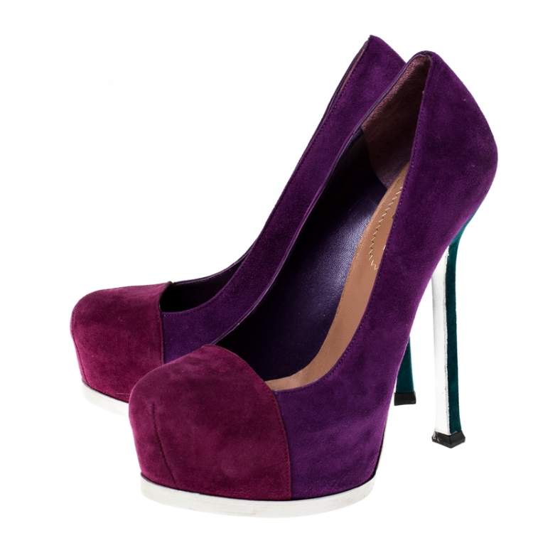 Pre Owned Saint Laurent Paris Two Tone Suede Leather Tribtoo Platform Pumps Size 35.5