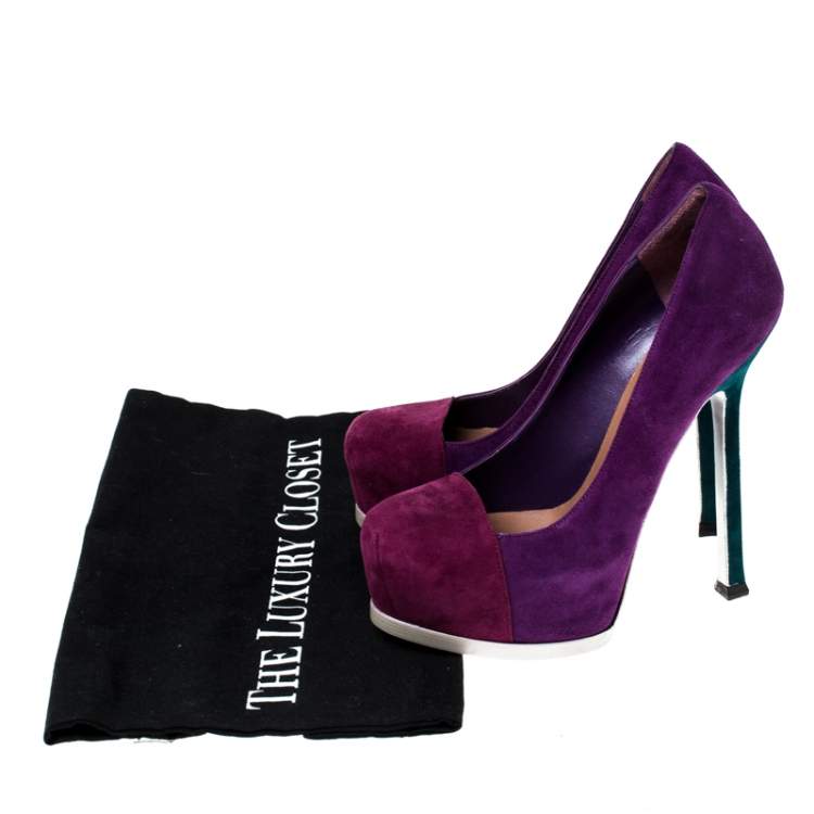 Pre Owned Saint Laurent Paris Two Tone Suede Leather Tribtoo Platform Pumps Size 35.5