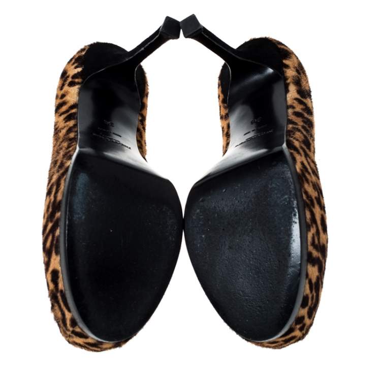 Pre Owned Saint Laurent Paris Beige/Brown Leopard Print Pony Hair Tribtoo Platform Pumps Size 36