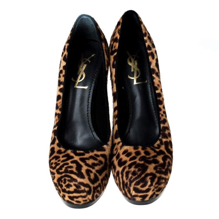Pre Owned Saint Laurent Paris Beige/Brown Leopard Print Pony Hair Tribtoo Platform Pumps Size 36