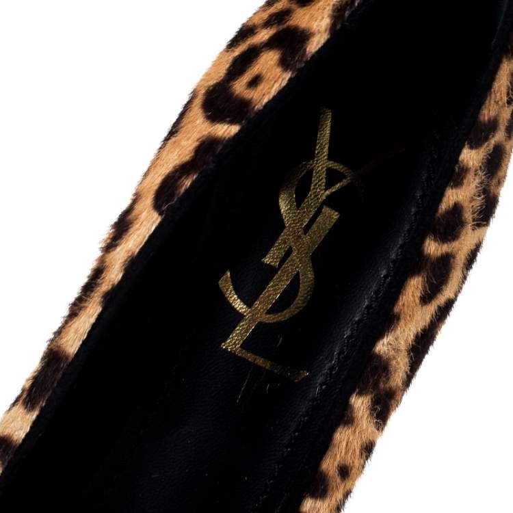 Pre Owned Saint Laurent Paris Beige/Brown Leopard Print Pony Hair Tribtoo Platform Pumps Size 36