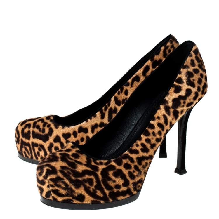Pre Owned Saint Laurent Paris Beige/Brown Leopard Print Pony Hair Tribtoo Platform Pumps Size 36