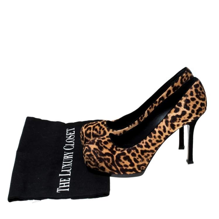Pre Owned Saint Laurent Paris Beige/Brown Leopard Print Pony Hair Tribtoo Platform Pumps Size 36