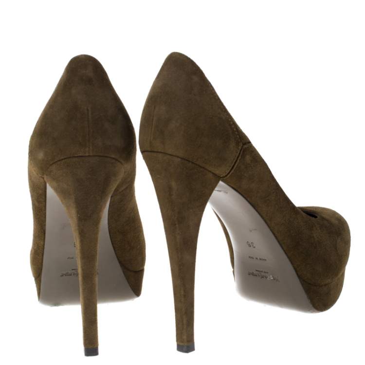 Pre Owned Saint Laurent Paris Dark Green Suede Platform Pumps Size 36