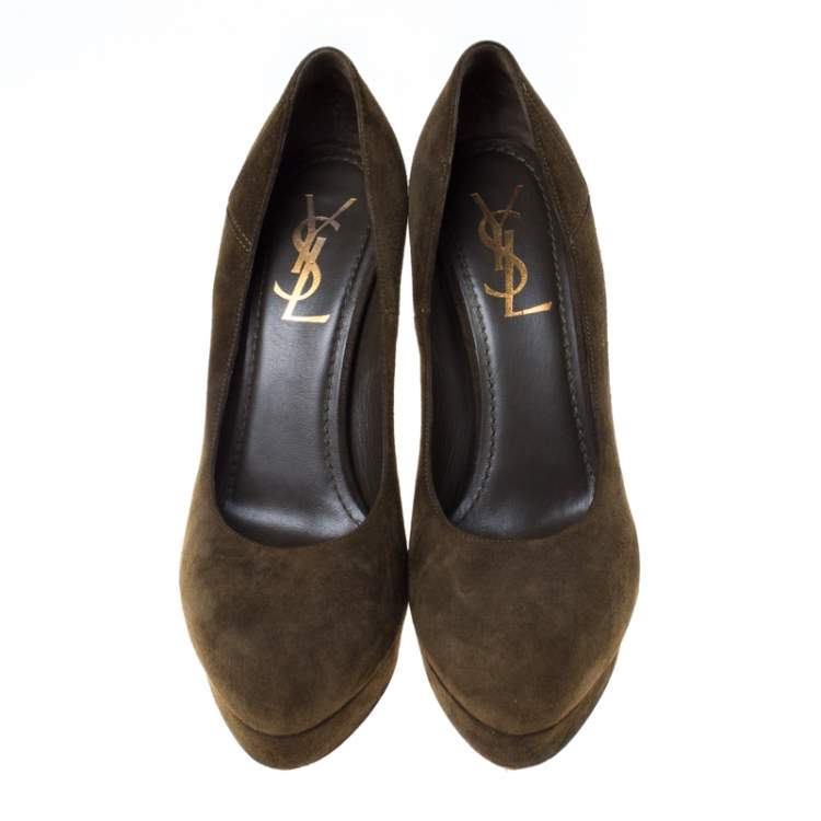 Pre Owned Saint Laurent Paris Dark Green Suede Platform Pumps Size 36