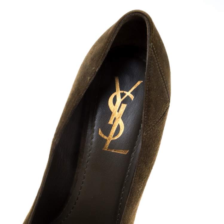 Pre Owned Saint Laurent Paris Dark Green Suede Platform Pumps Size 36