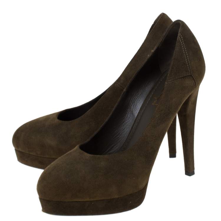 Pre Owned Saint Laurent Paris Dark Green Suede Platform Pumps Size 36