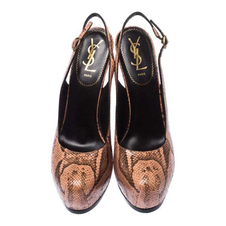 Pre Owned Saint Laurent Paris Peach Python Tribtoo Slingback Platform Pumps Size 39.5