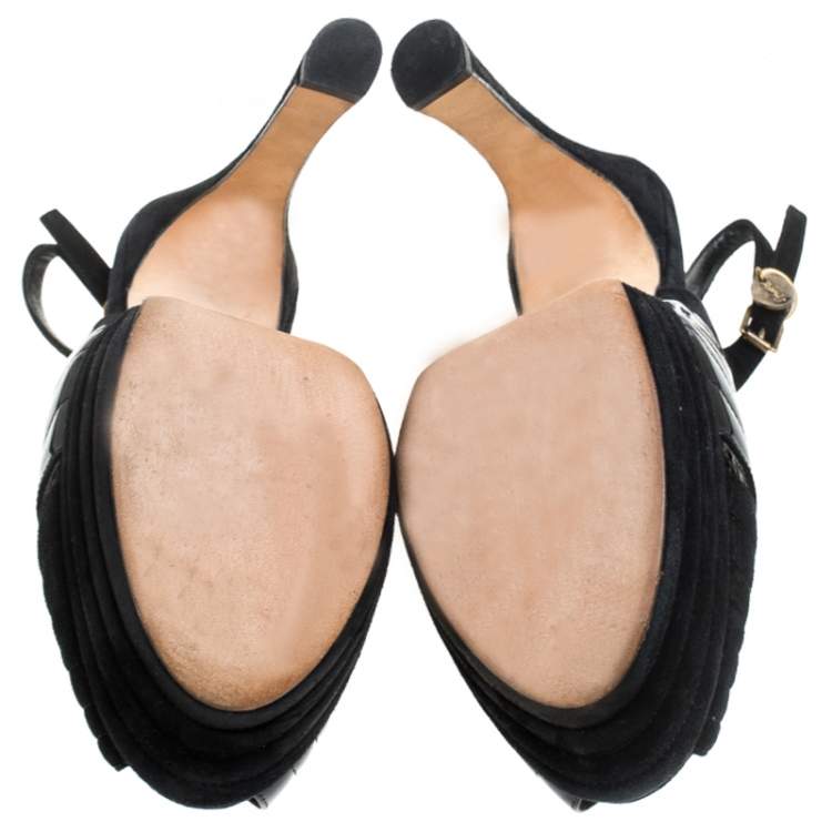 Pre Owned Saint Laurent Paris Black Criss Cross Suede and Patent Leather Slingback Platform Sandals Size 40