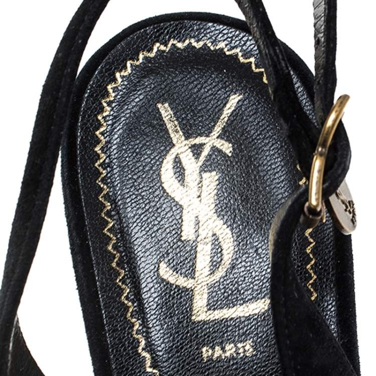 Pre Owned Saint Laurent Paris Black Criss Cross Suede and Patent Leather Slingback Platform Sandals Size 40