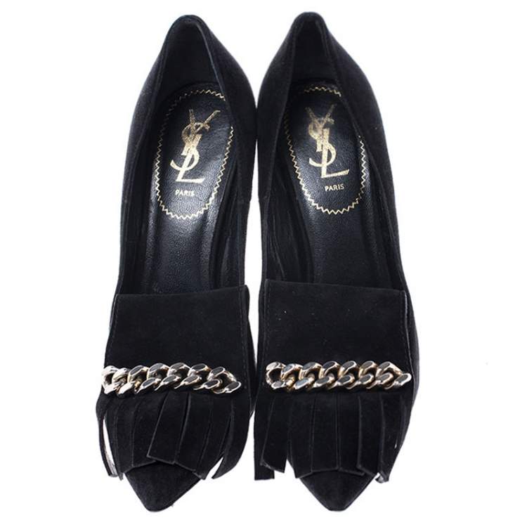 Pre Owned Saint Laurent Paris Black Suede Opyum Fringe Chain Detail Pointed Toe Pumps Size 38.5