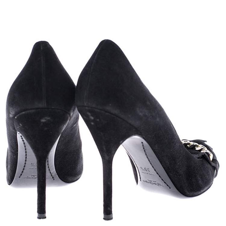 Pre Owned Saint Laurent Paris Black Suede Opyum Fringe Chain Detail Pointed Toe Pumps Size 38.5