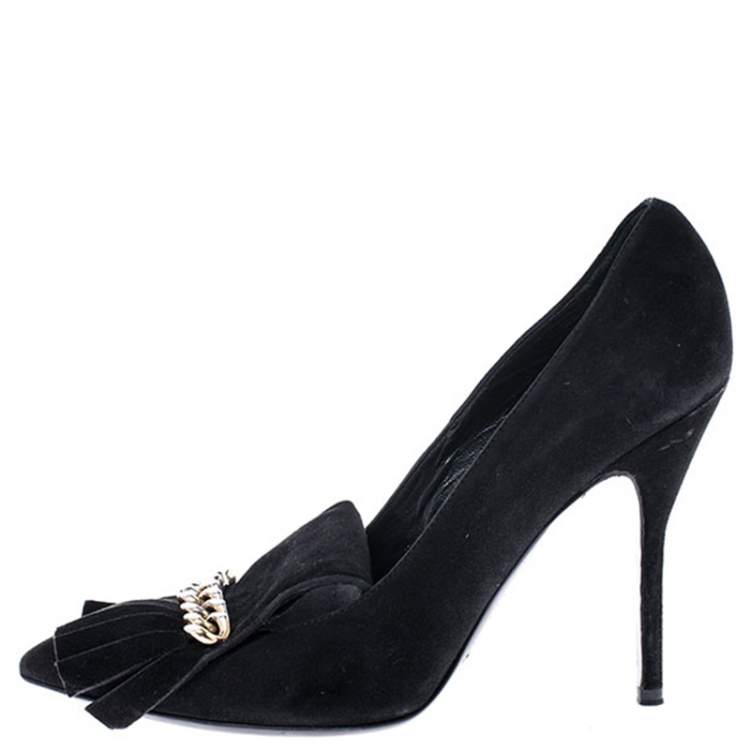 Pre Owned Saint Laurent Paris Black Suede Opyum Fringe Chain Detail Pointed Toe Pumps Size 38.5