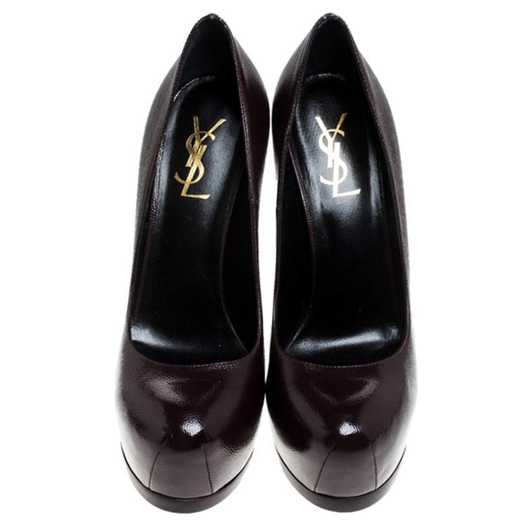 Pre Owned Saint Laurent Paris Dark Burgundy Patent Leather Tribtoo Platform Pumps Size 38