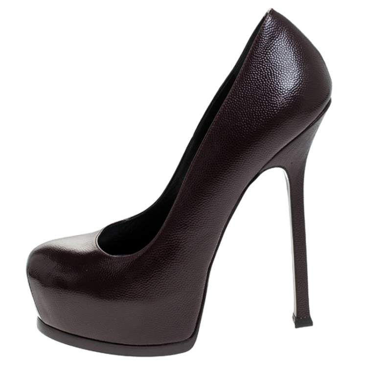 Pre Owned Saint Laurent Paris Dark Burgundy Patent Leather Tribtoo Platform Pumps Size 38