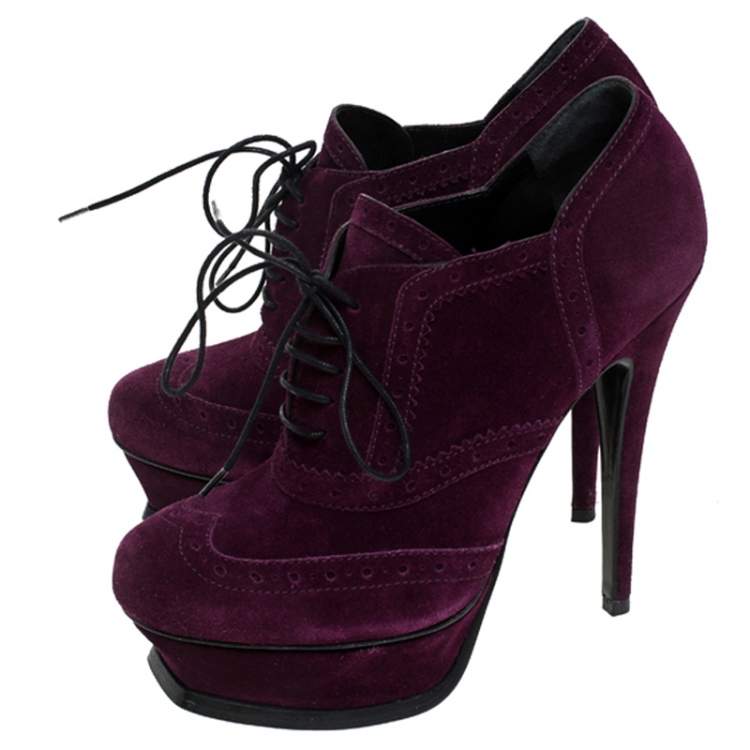 Pre Owned Saint Laurent Paris Purple Brogue Suede Janis Platform Booties Size 37