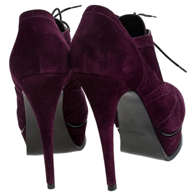 Pre Owned Saint Laurent Paris Purple Brogue Suede Janis Platform Booties Size 37
